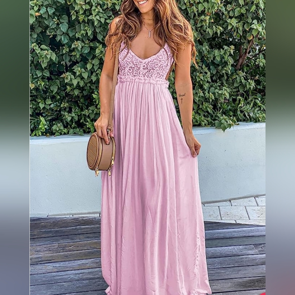 Ladmous Chiffon Lace Kriss Kross Spaghetti Strap Maxi Dress